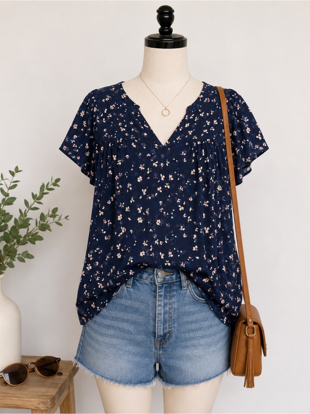 Banana Republic Navy Floral Flutter Sleeve Blouse Size Large